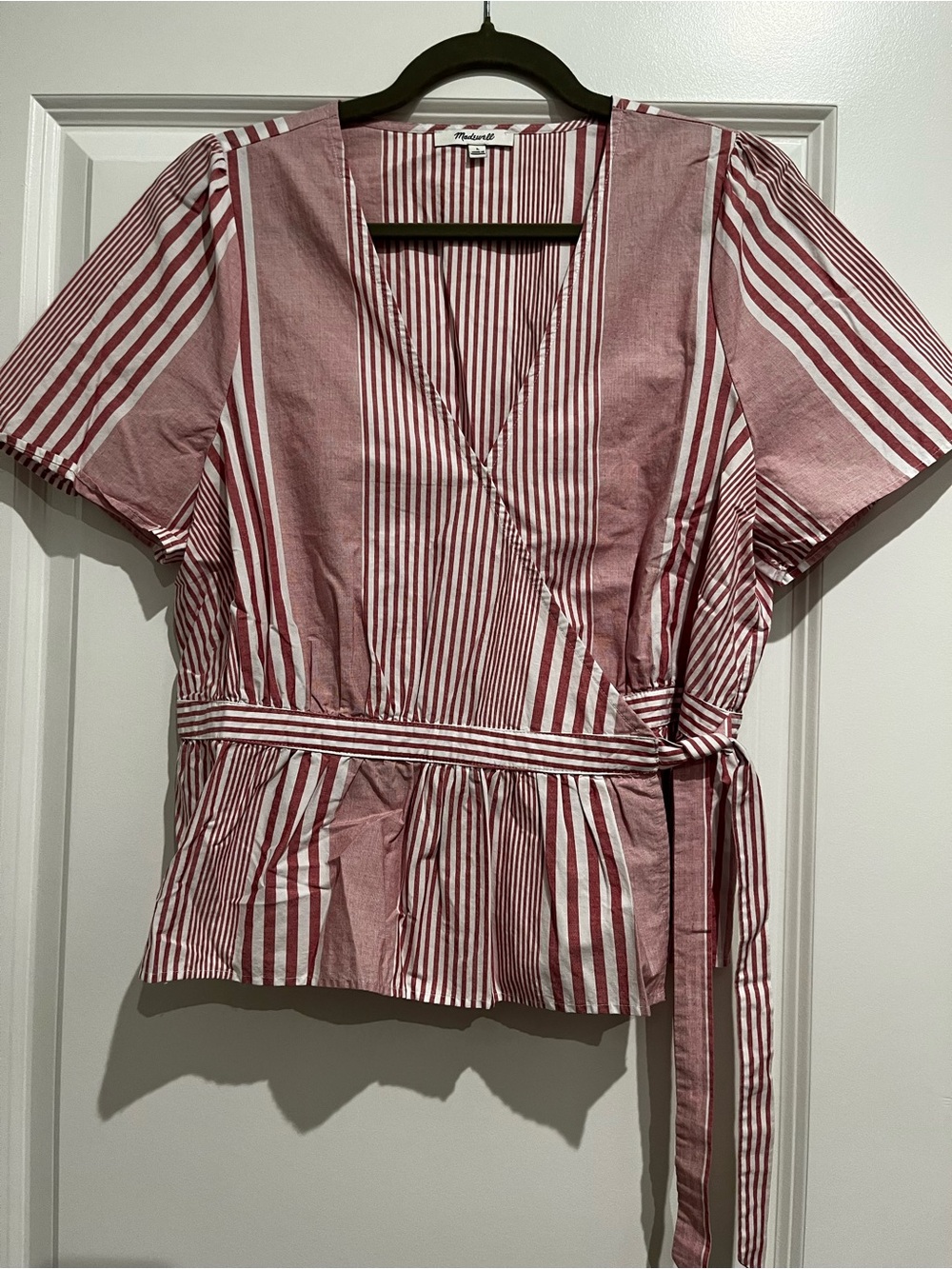 Madewell Red & White Wrap Blouse with Tie Waist